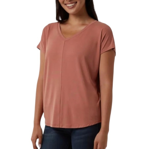 32 Degrees Cool Women's Soft Luxe Short Sleeve V-Neck Top Cedarwood Pink Red - Picture 1 of 11